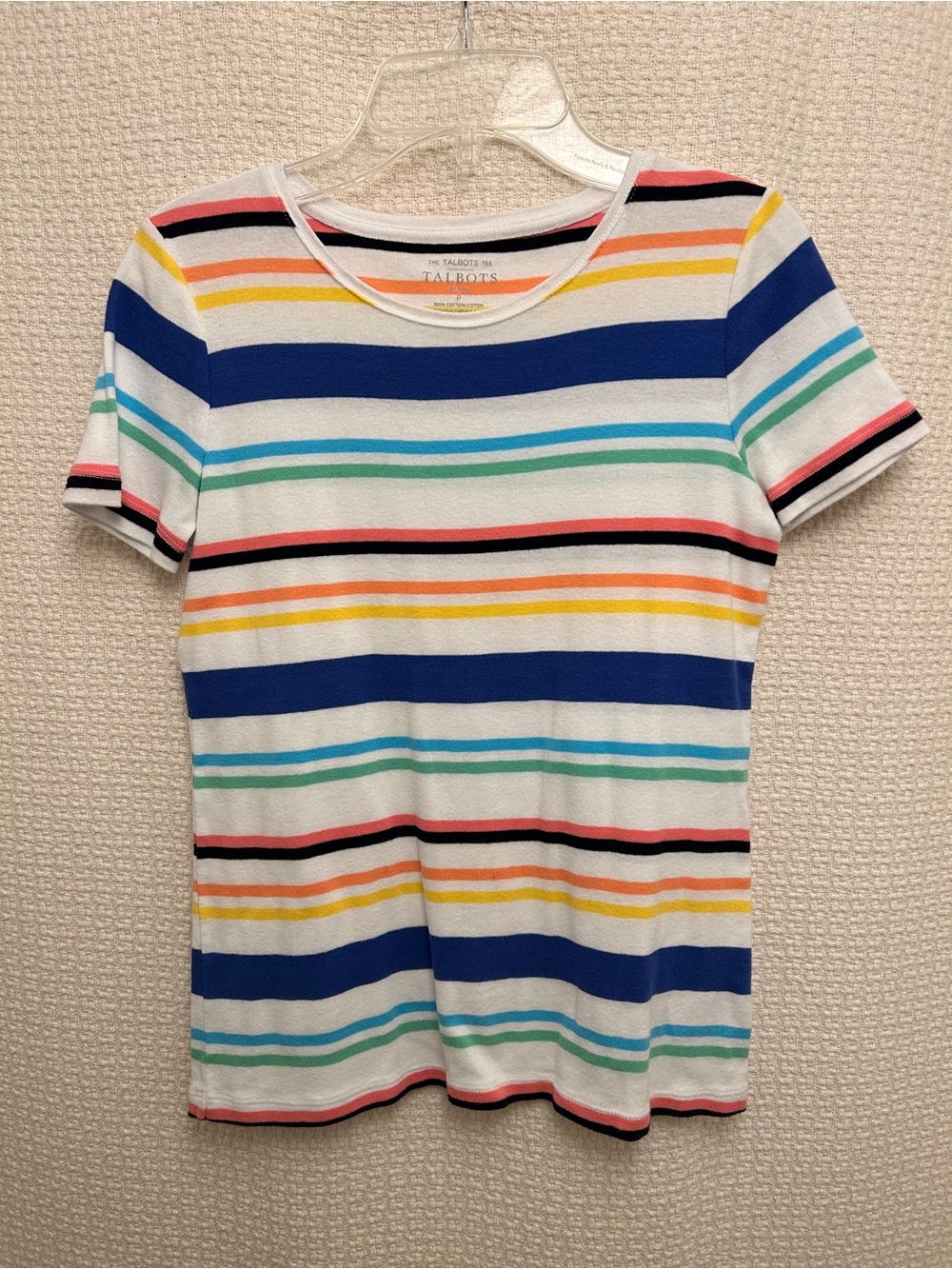 Talbots White Tee with Navy, Royal Blue, Aqua, Green, Yellow and Coral Stripes